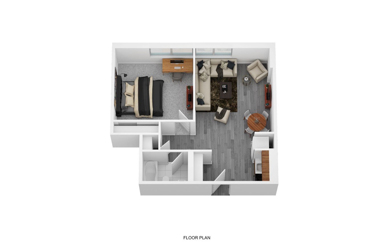 Floor plan for 1 bed, 1 bath, 750 sqft